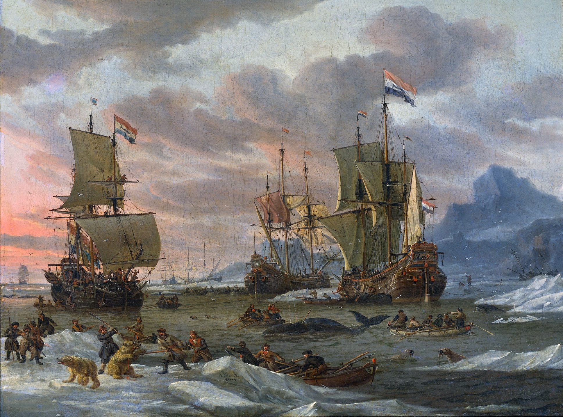 whaling ships at sea