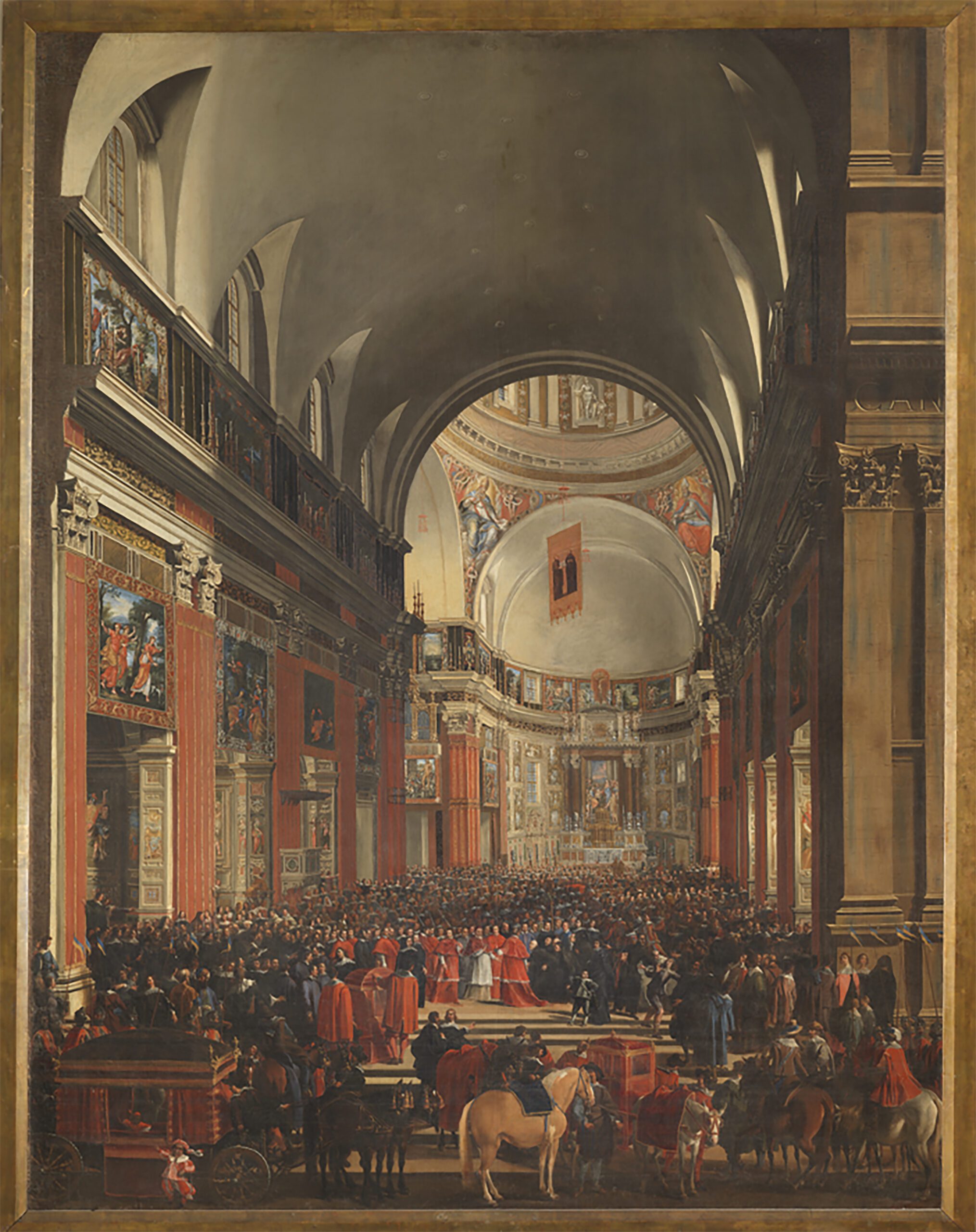 A large oil painting of a vaulted church in which a large number of people are gathered. There are horses and carriages in the foreground and colorful tapestries hanging along the walls.